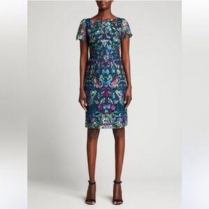 MARCHESA NOTTE Cocktail Multicolor Embroidered Guipure Lace Dress Size 6.